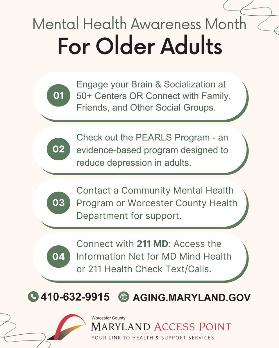 WorcesterHealth's tweet photo. Check out these Mental Health Awareness Month tips and resources for older adults from Maryland Access Point! Learn more about Maryland Access Point at https://t.co/PdsWMKfCzE https://t.co/17sERBIM9r