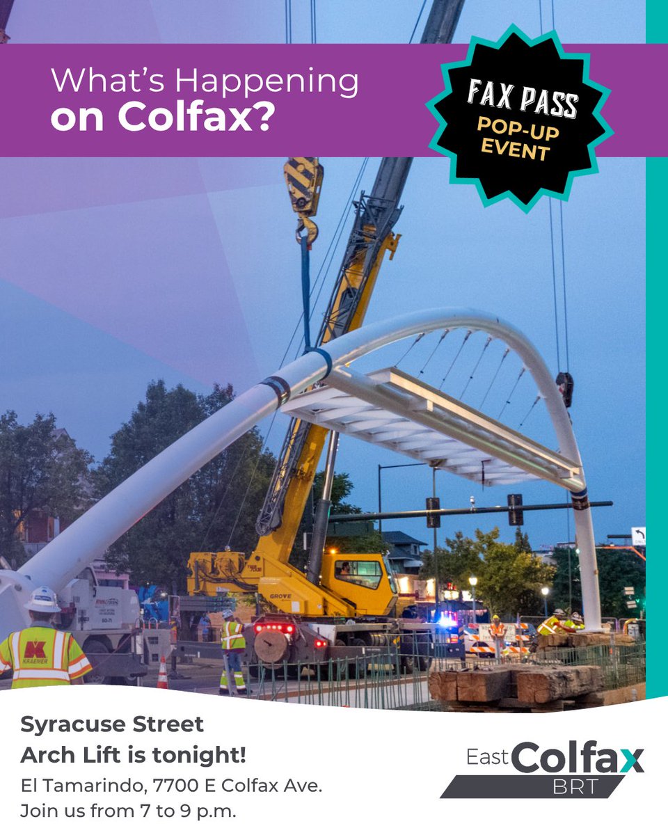 WeBackTheFax's tweet photo. The Syracuse Street arch lift is tonight! 🏗️ 

We will be at El Tamarindo from 7 to 9 p.m. with food and desserts. There will also be a poetry reading and a dance performance! 💬💃 

🔗 RSVP at https://t.co/8baSQLNyVY 

#WeBackTheFax #ArchLiftParty #TheFaxPartnership https://t.co/GUHceOEtBz