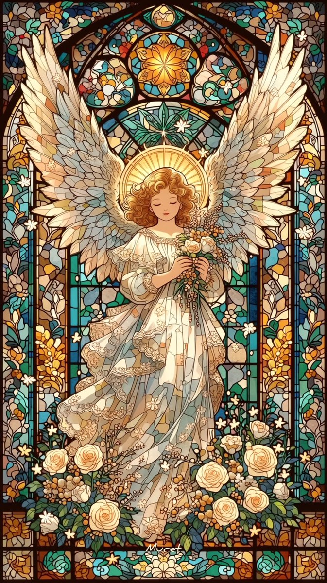 薔薇の園の天使🪽 Grass angel in the rose garden #AIステンドグラス