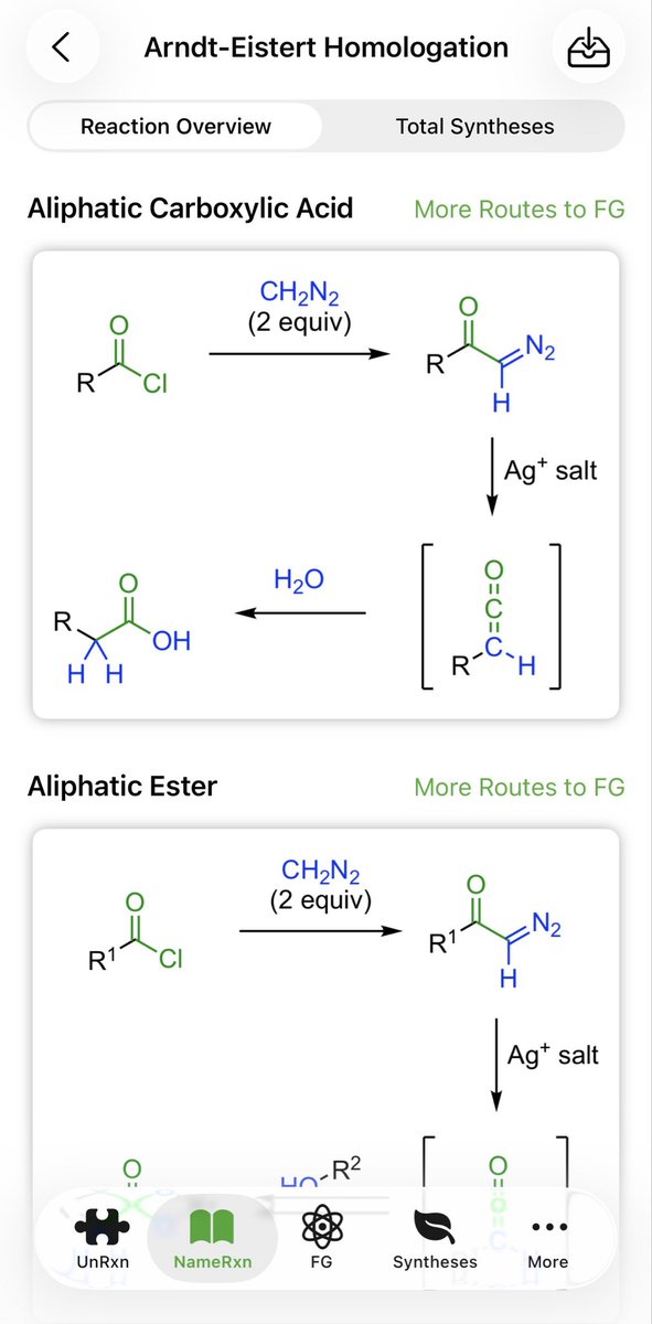 SynStrategy's tweet photo. The Arndt-Eistert homologation proceeds via a ketene intermediate to transform acid chlorides or anhydrides into homologated carboxylic acids, esters, or amides.

This method was utilized in the #TotalSynthesis of (+)-Jasplakinolide by the Grieco group.

Links in thread! https://t.co/FvHKfpKKHR