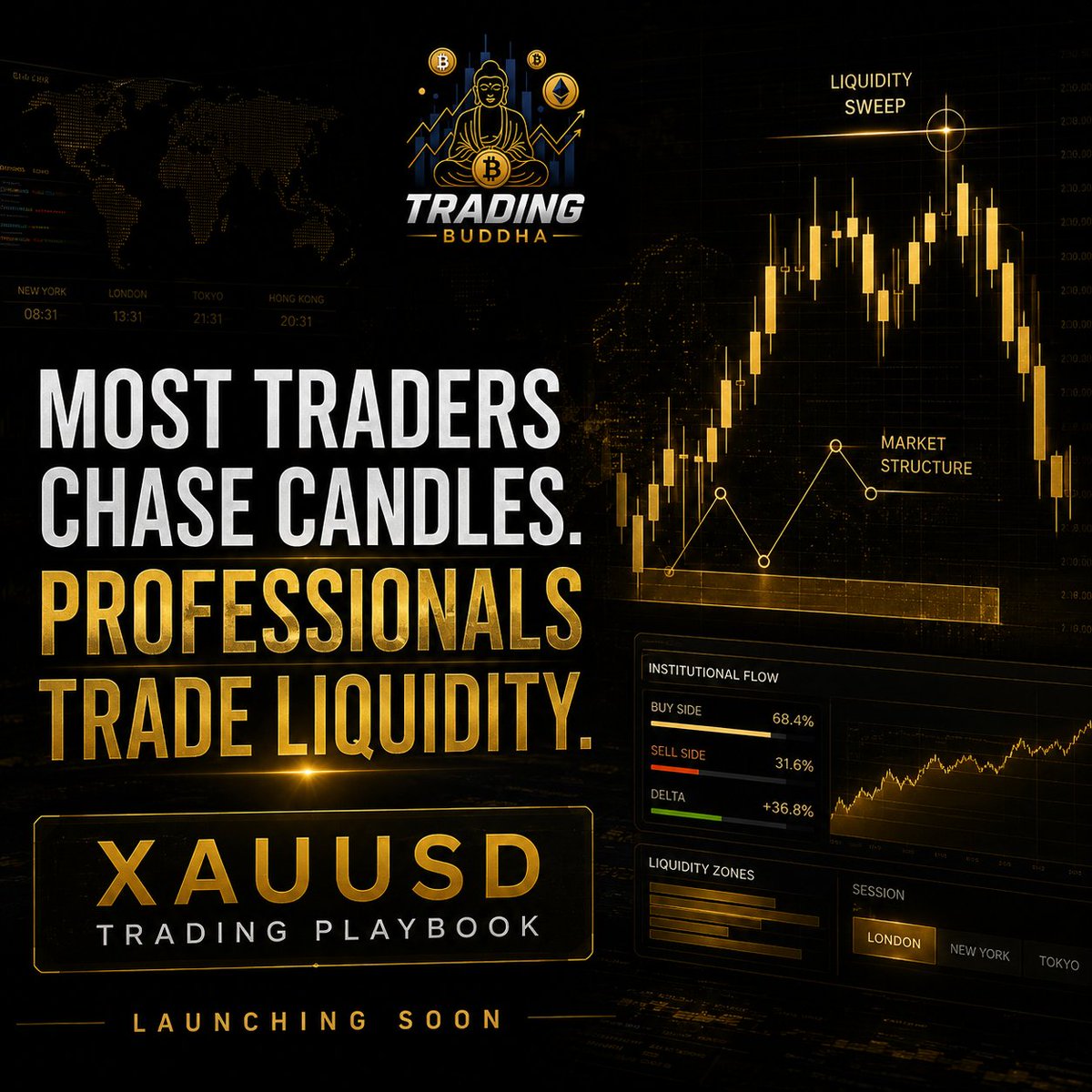tradingbuddhaa's tweet photo. Most traders lose on gold chasing candles.

Professionals trade liquidity.

Built a complete XAUUSD Playbook around:
• Market structure
• Liquidity sweeps
• Smart money concepts
• Risk management

Launching soon. https://t.co/Pd3EA1LDC2