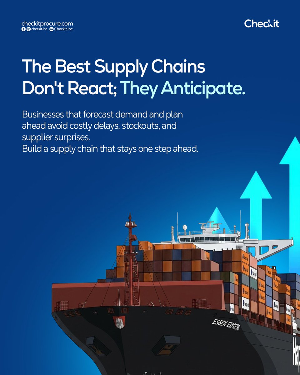 Checkitinc's tweet photo. The best supply chains don't just respond to problems, they prevent them. 

Demand forecasting, supplier coordination, and proactive planning are what separate businesses that scale from those that scramble.

Start building a supply chain that works ahead of you, not behind you. https://t.co/XPMbFcuvfE