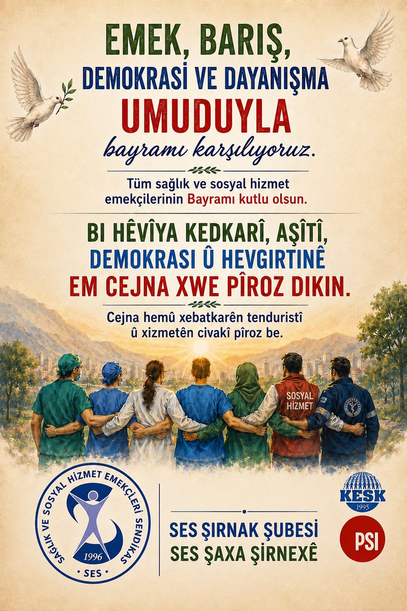 SirnakSes's tweet photo. Emek, barış, demokrasi ve dayanışma umuduyla bayramı karşılıyoruz. Tüm sağlık ve sosyal hizmet emekçilerinin Bayramı kutlu olsun.

Bi hêvîya kedkarî, aşîtî, demokrasî û hevgirtinê em cejna xwe pîroz dikin. Cejna hemû xebatkarên tenduristî û xizmetên civakî pîroz be. https://t.co/RjZblqnIdO