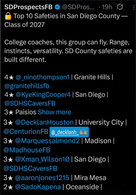 DecklanHouston's tweet photo. Hard work pays off. Blessed to be recognized among the Top Safeties in San Diego County c/o 2027. None of this happens without my coaches, teammates, family, and the work put in when nobody is watching.

“Waste no more time arguing what a good man should be. Be one.”
More work to do. ⏳⚔️ #DB #ClassOf2027 #ForTheShield

@jw_jdub @NateRozzelle @DemetricDWarren @GregBiggins @adamgorney @ChadSimmons_
@BrandonHuffman @CoachTroop3 @KUSIPPR
@Q30Innovations @CenturionFB @TransparentLabs
@UCHSASB @UCHS_Centurions @UCHSRomanLegion
@KUSIPPR @TransparentLabs @CoachDC8