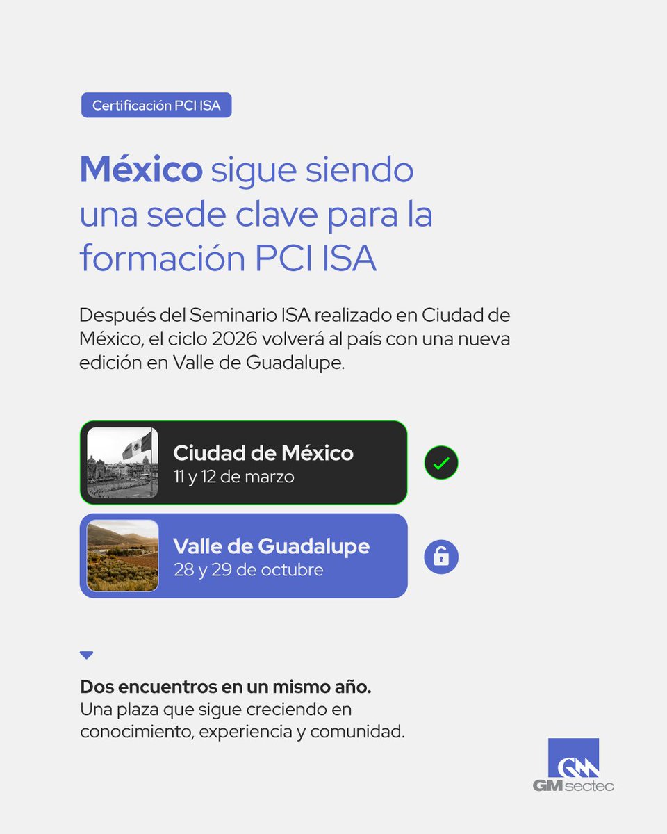 gmsectec_mx's tweet photo. El 28 y 29 de octubre, el Seminario ISA llegará a Valle de Guadalupe, una nueva oportunidad para seguir compartiendo conocimiento, experiencia y comunidad en un país que año tras año demuestra su fuerza dentro del ecosistema PCI.

🫱🏻‍🫲🏽🇲🇽 Gracias, México.

#GMsectec #PCIDSS #PCIISA https://t.co/17WG44QLym