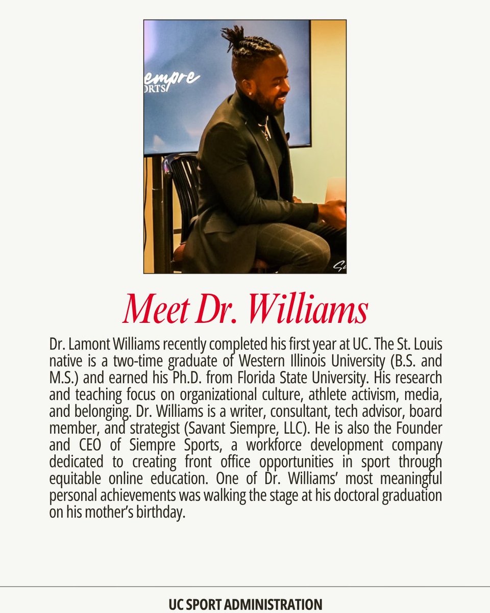 UC_SPAD's tweet photo. Faculty Spotlight of the Week: Dr. Lamont Williams ✨

Dr. Williams wears many hats — educator, researcher, strategist, tech advisor, and Founder/CEO. His research specializes in critical studies, athlete activism, legal discourse, and fashion.

#UCSportAdministration #Bearcats https://t.co/ZorAbrLaXW