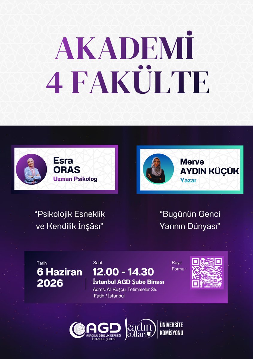 agdkadinistuni's tweet photo. 💫 Akademi 4 Fakülte programımızda; Uzman Psikolog Esra Oras  ile içsel dünyamıza yolculuk yapıyor, Yazar Merve Aydın Küçük ile yarının dünyasını konuşuyoruz. 

​🗓 6 Haziran 2026 | Cumartesi
🕛 12.00 - 14.30
📍 İstanbul AGD Şube Binası

 📑 Kayıt İçin: https://t.co/btvry4upMz https://t.co/2mTs9Tl61d