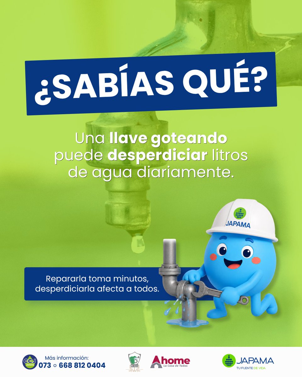 JAPAMAAHOME's tweet photo. Una llave goteando puede desperdiciar litros de agua diariamente.
Repararla toma minutos, desperdiciarla afecta a todos.
#NoMásFugas #CadaGotaCuenta #JapamaInforma https://t.co/1D6esHu6VV