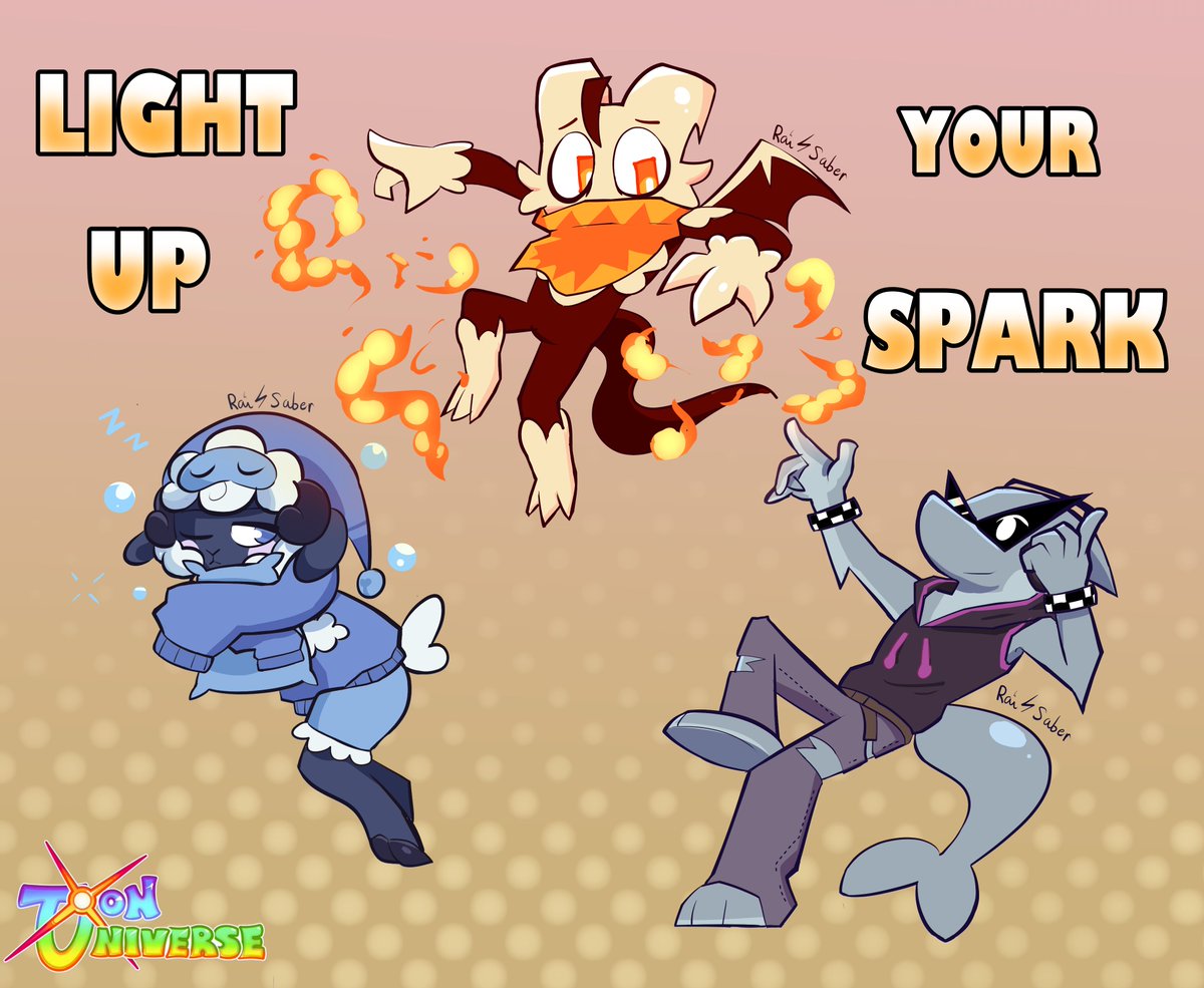 Rai_Saber's tweet photo. Light Up your Spark! (ft. Copper, Nimbus and Discard) 🔥✨

Made for TU's official art contest. Congratulations to all the winners!! 🎉

#ToonsUniverse https://t.co/f2H8kYuED9