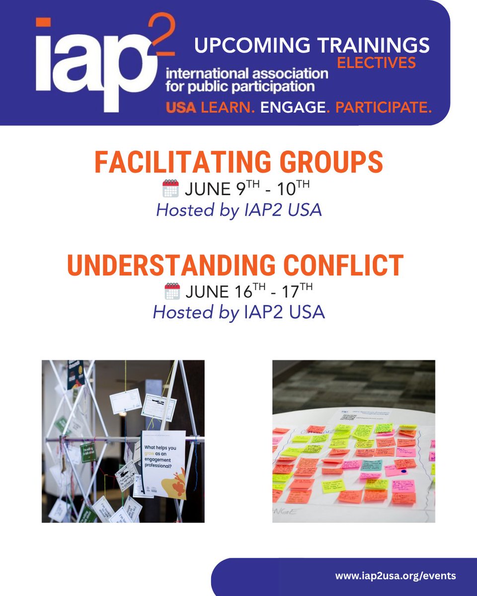 IAP2USA's tweet photo. Strong engagement starts with strong facilitation + conflict navigation skills. Join us this June for Facilitating Groups (June 9–10) + Understanding Conflict (June 16–17) to build practical tools for real-world conversations and engagement. 

Learn more: https://t.co/a7Tfatc0jZ https://t.co/iXFL5iqMjE