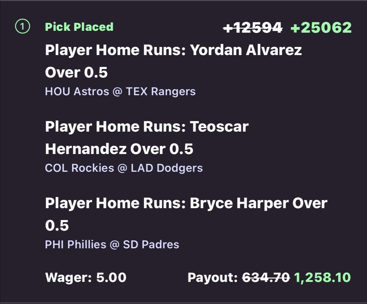MakotoBets's tweet photo. 3 Leg Home Run Parlay for Today
-Yordan Alvarez
-Teoscar Hernandez
-Bryce Harper https://t.co/z7CuSniNzV