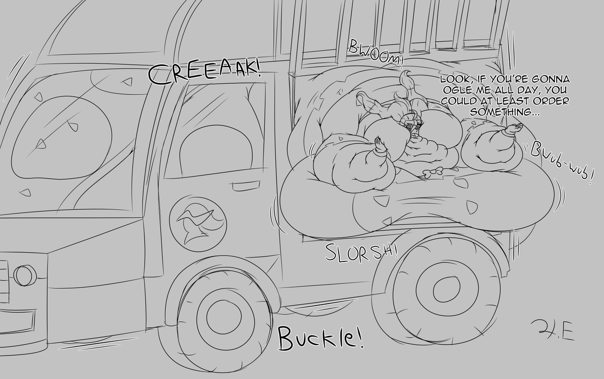 HikariJunction's tweet photo. When the your local barista's been sampling too many pastries...

I'd like to thank @Man_Personguy for giving me the idea of Griselle getting so fat, that she's spilling out of her cafe truck. https://t.co/dBu4qXoE3w
