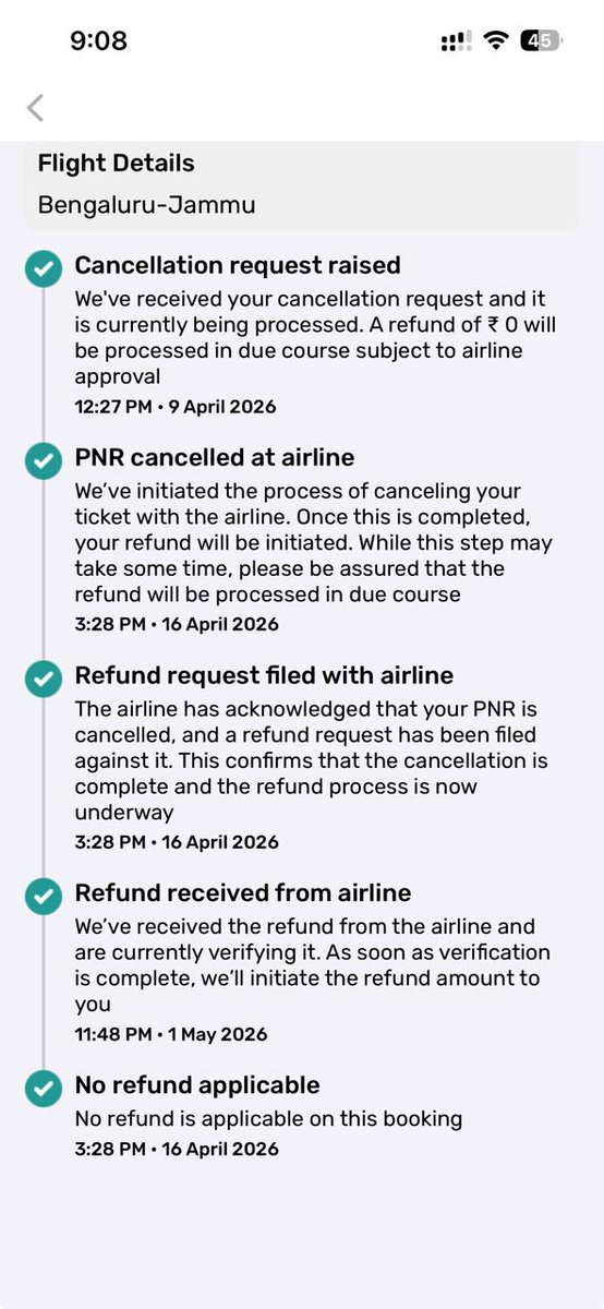 shruti_jamwal's tweet photo. @GoibiboSupport I cancelled my Bengaluru–Jammu flight booking, and your app showed “Refund received from airline” on 1 May 2026, but later updated it to “No refund applicable” with ₹0 refund. This is very confusing and unfair.
Cont... https://t.co/ZVRpKIMKxx