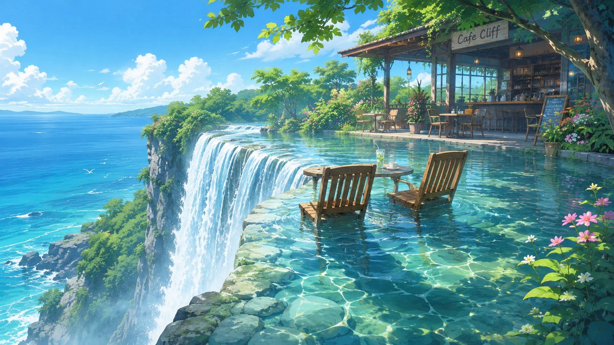__LONPEL__'s tweet photo. フリー背景素材配布！
絶景のカフェ・滝の音・一歩間違えたら終わる席
夏の涼しさをどうぞ☕🌊 https://t.co/K63Q4wNy74