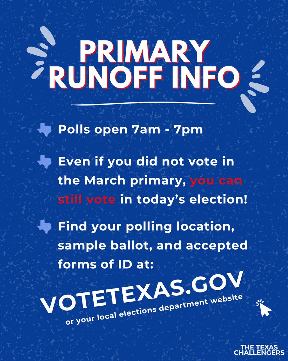 ChallengersTX's tweet photo. It’s Election Day, Texas! Runoffs are important, so don’t sit this one out! Polls are open until 7:00 PM! https://t.co/RbITSZQwh1