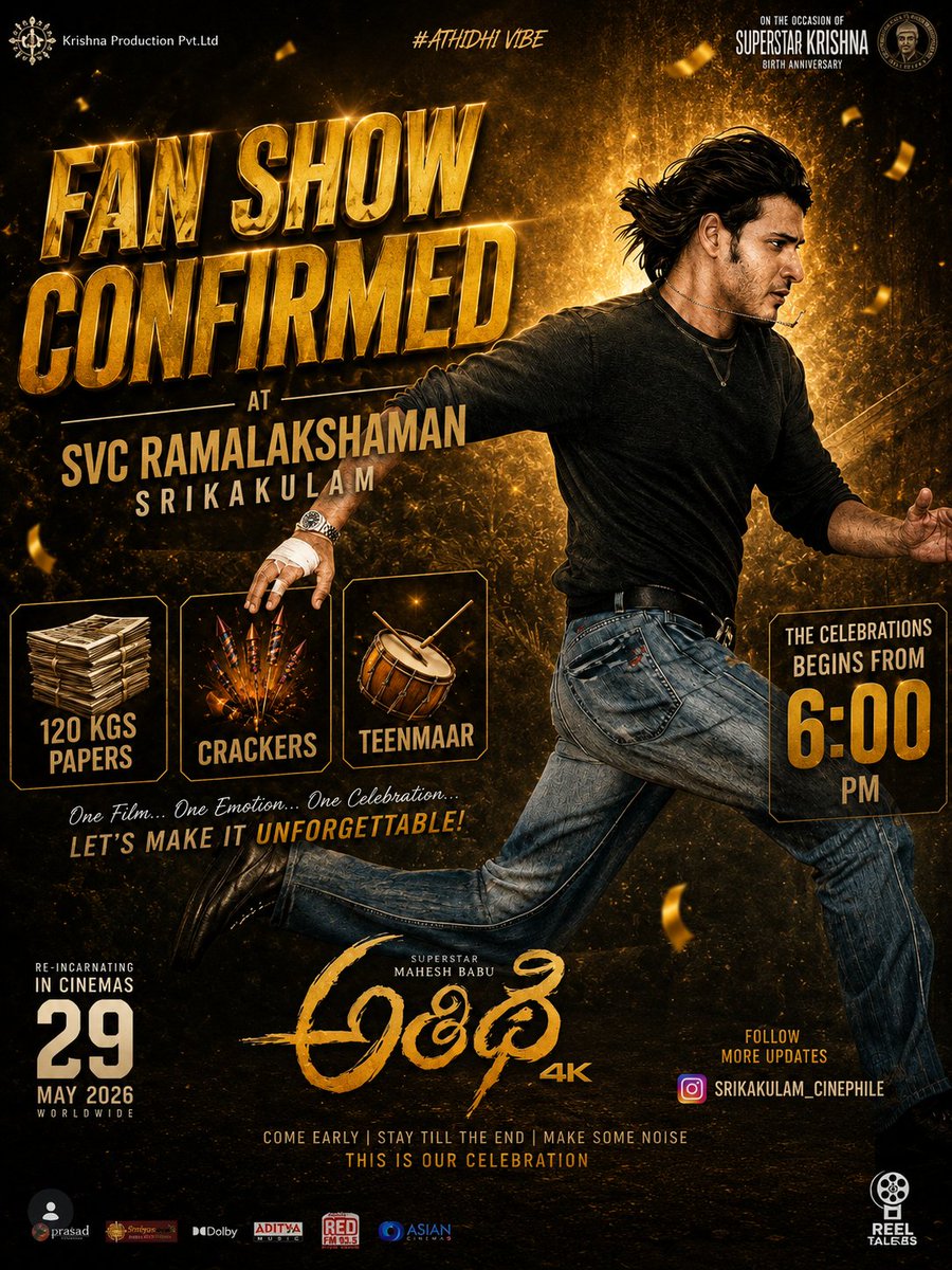 SKLM_MBFC's tweet photo. It's tym Srikakulam Superfans
SVC 6PM May29th Locked👊💥

Join with us for a 
Super Special Fans show #Athidhi4K

#Varanasi @urstrulyMahesh https://t.co/93jOW7Ggv8