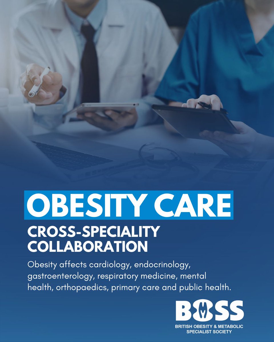bariatricBOMSS's tweet photo. Obesity care doesn’t sit within one speciality — it impacts healthcare right across the MDT.

From cardiology and endocrinology to respiratory medicine, orthopaedics, mental health and primary care, collaboration is essential to improving patient care and outcomes. https://t.co/AP1DLcV6p2