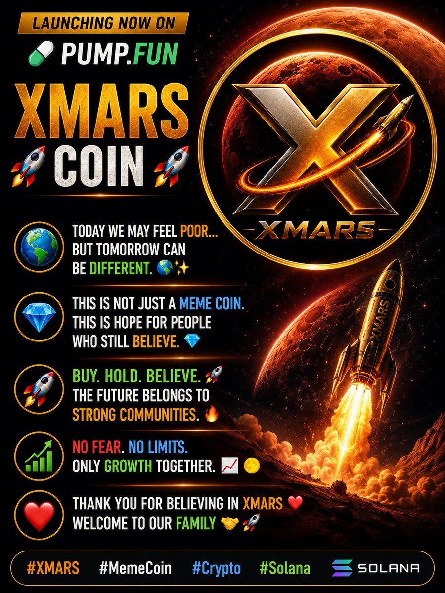 xmars75300's tweet photo. 🚀 XMARS is LIVE on https://t.co/kxAH86a6zq
Born for the future 🌕
Not hype
❤️ This is hope
Community powered meme coin 🤝
Small start. Big dream ✨
#XMARS #Solana #MemeCoin #pumpfun https://t.co/vVu0oQr7RG