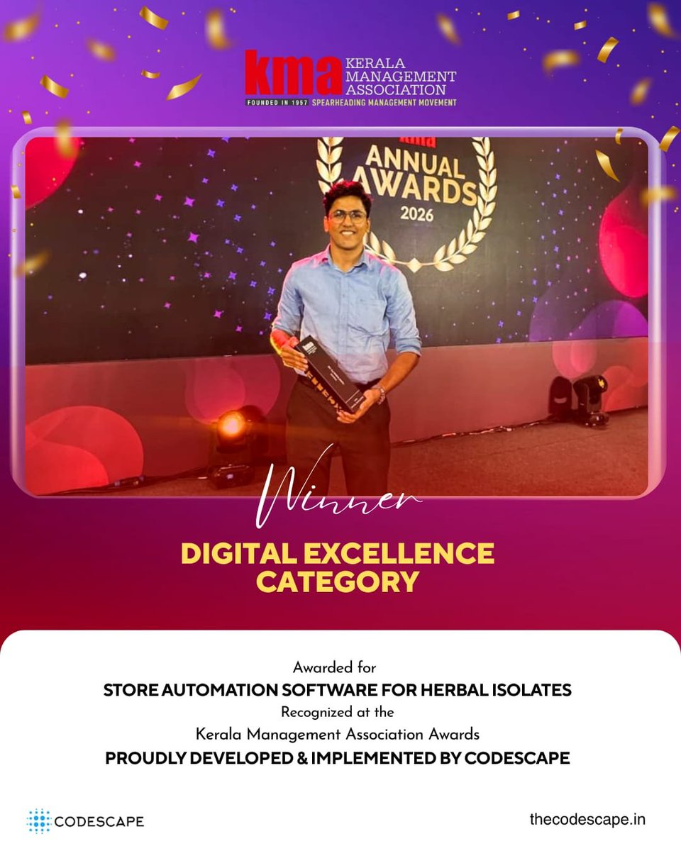 thecodescape's tweet photo. Proud to see our client, Herbal Isolates, recognized for Digital Excellence at the Kerala Management Association Awards for the successful implementation of the Store Automation System developed by CODESCAPE.

https://t.co/N6vAG41W4v https://t.co/8vWCyYatSy