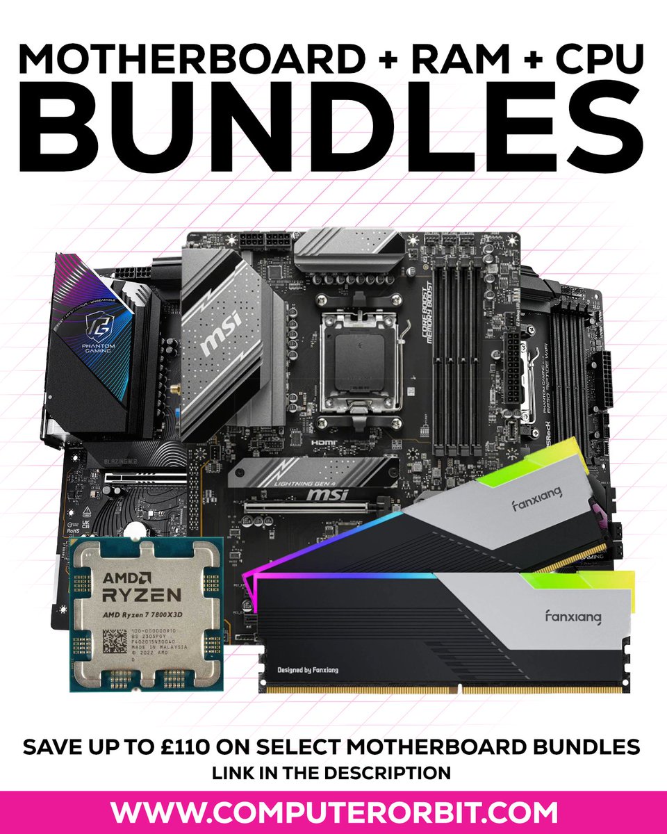 COMPUTERORBIT's tweet photo. 🔥 HEATWAVE BUNDLES! 🔥

If you’ve been waiting for the right time to overhaul your PC, upgrading your core trio just got a lot cheaper.

We’ve just launched our Motherboard Bundles, bundling the some of the greatest tech together to give you maximum value on a full platform upgrade.

What's included: Your choice of Board (B650, B850, or X870) + Your choice of CPU + 32GB of Blazing-Fast DDR5 RGB RAM—all at a heavily discounted bundle price.

Don't let your performance lag this summer. Build your bundle today and lock in the savings.

Link: https://t.co/0aQZbWSeh7

#RAM #Motherboard #Bundle #Deals #PCMR