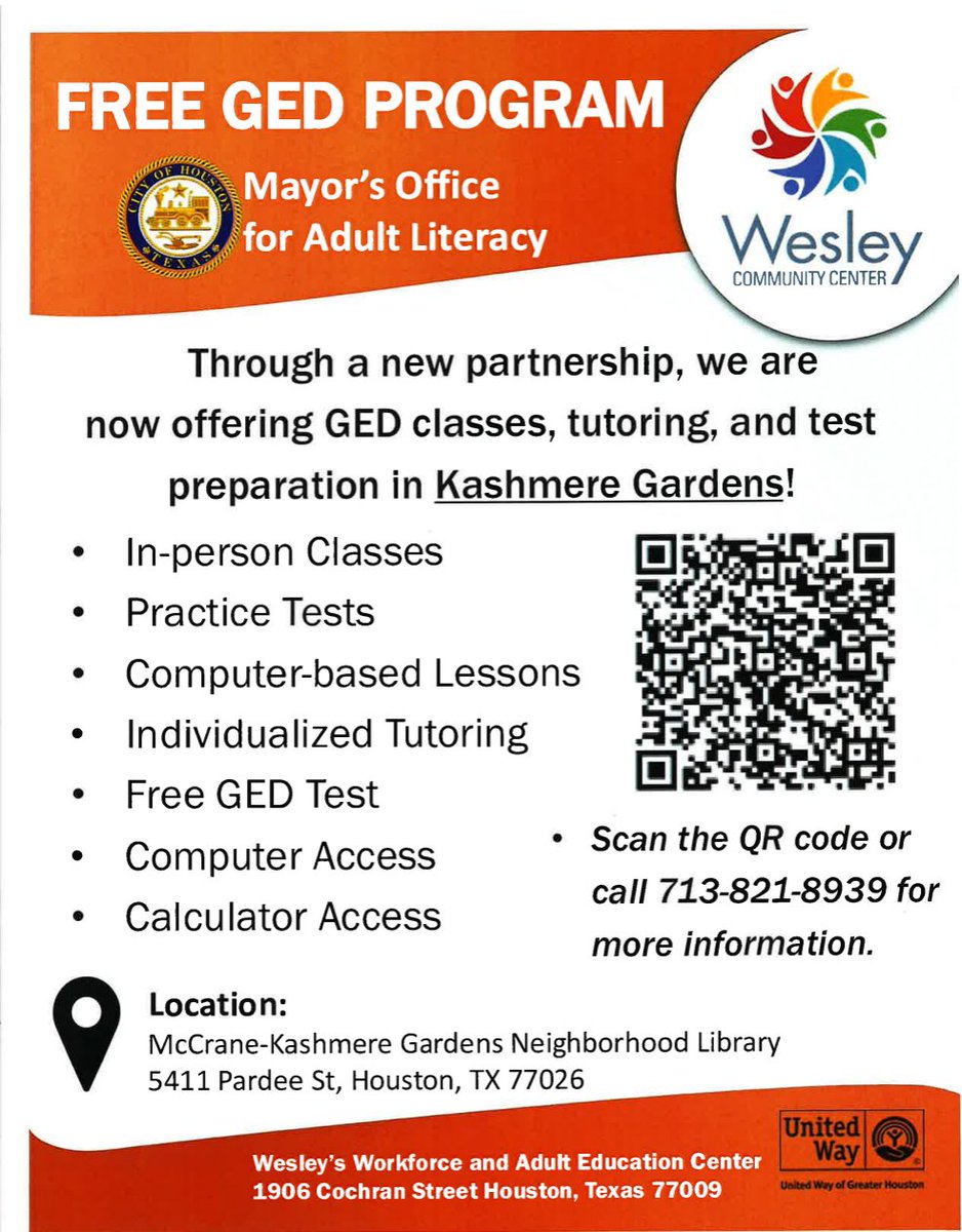 houstonlibrary's tweet photo. 🎓 Free GED Program in Kashmere Gardens!
Offering classes, tutoring, practice tests, computer access &amp; a FREE GED test.
📍 Kashmere Gardens NL
🗓️ Info Session: May 26 at 1:30 PM
For more info, join us on May 26 or call 713‑821‑8939.
#Houston #GED https://t.co/a17mzlTqgY
