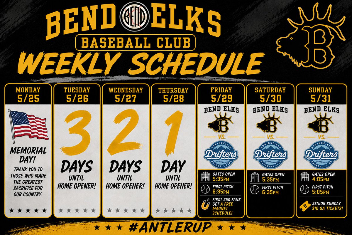BendBaseball's tweet photo. ‼️ #BendElks Opening Week is HERE! 🦌⚾
The countdown is officially on as we get ready for the 2026 Bend Elks Home Opener at Vince Genna Stadium!

🔥 Friday 5/29 – HOME OPENER vs. Springfield Drifters
⏰ Gates Open: 5:35 PM
⚾ First Pitch: 6:35 PM
🧲 First 250 fans receive a FREE magnet schedule!

Enjoy a full weekend of Elks baseball including Senior Sunday with $10 GA tickets!
Get your tickets now and help us pack the ballpark all weekend long.

🎟 https://t.co/tr2fKYLBrA
 #AntlerUp #inBend