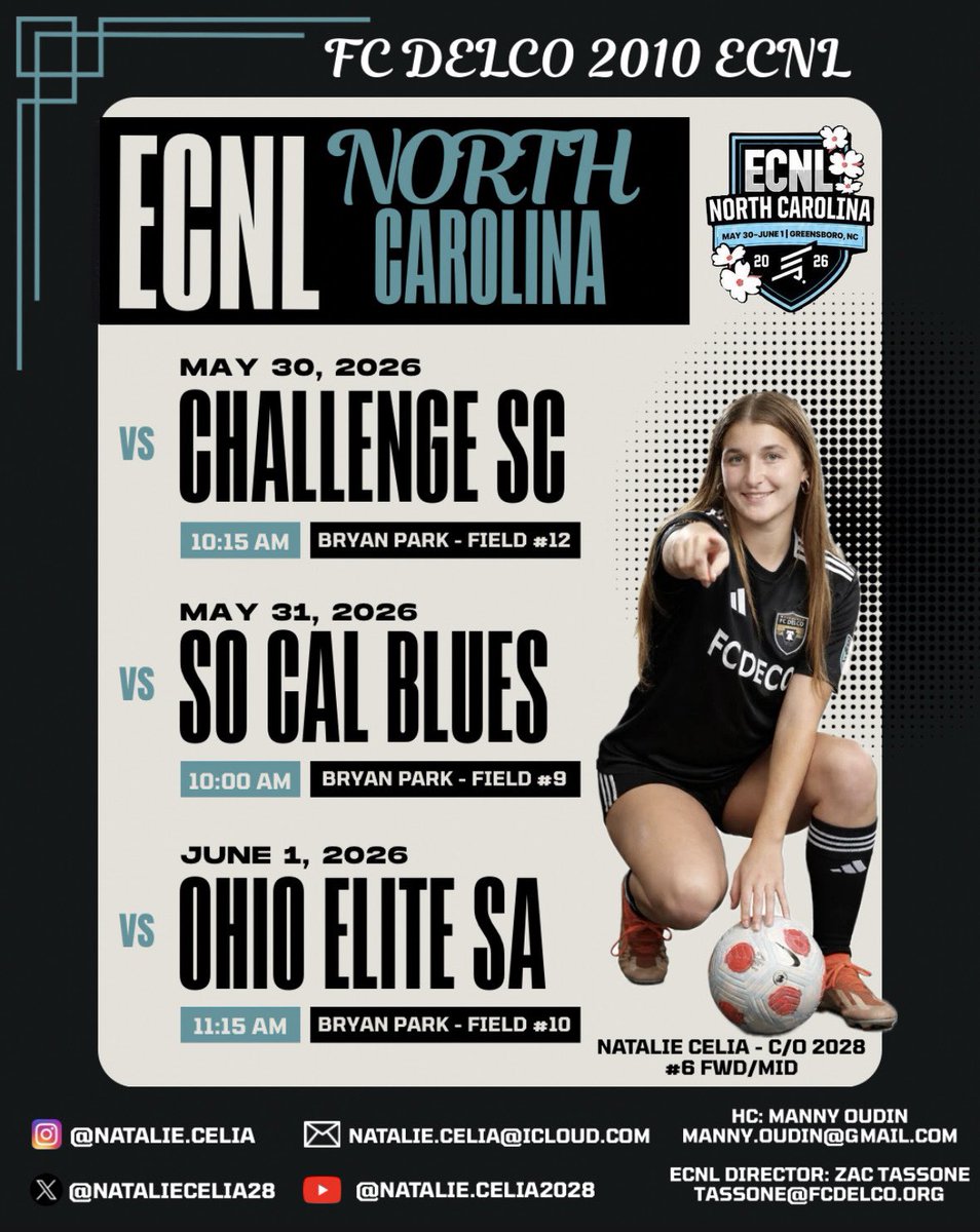 nataliecelia28's tweet photo. Schedule for ECNL NC this weekend!!⬇️ Excited for tough competition… Go Delco!! https://t.co/sMLIbI7UmL
