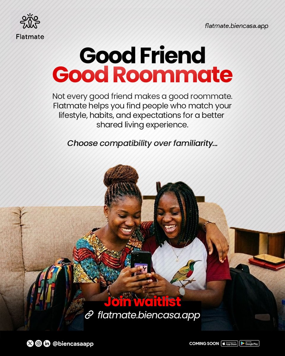 biencasaapp's tweet photo. Looking for a good roommate but tired of just relying on friends?
Not every good friend makes a good roommate. Compatibility matters more than familiarity.
Flatmate helps you find people who truly match your lifestyle, habits, and expectations for a peaceful and enjoyable shared living experience.
Choose compatibility over familiarity.
Join the waitlist now:
https://t.co/lHSxY7fBRC
#Flatmate #RoommateFinder #GoodRoommate #SharedLiving #FindYourMatch #RoommateGoals #JoinWaitlist #FlatmateApp