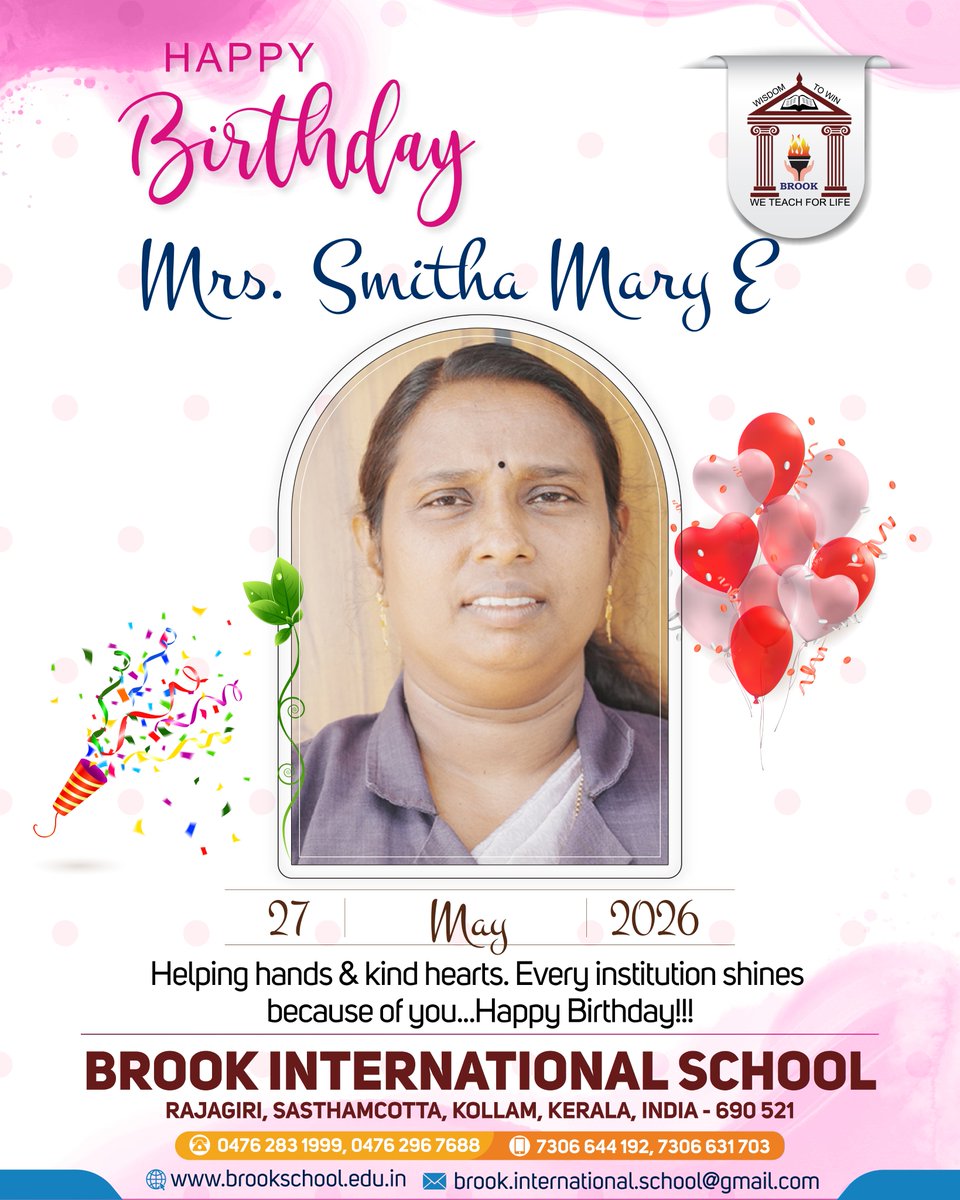 brookschool2005's tweet photo. Wishing you a year filled with happiness Smt. Smitha Mary E, Teacher Assistant... We thank you for your dedicated service to Brook...🎉🎊
#brookinternationalschool #birthday #happybirthday https://t.co/KO4Me2pXjD