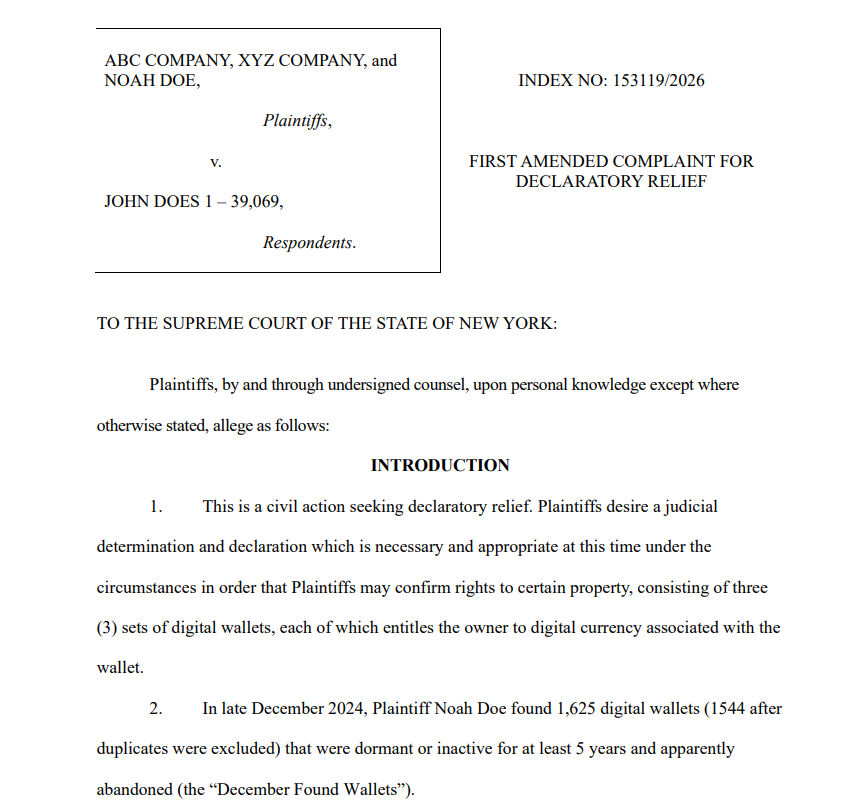 CryptoTimes_io's tweet photo. NEW: A New York lawsuit is seeking ownership of 39,069 dormant Bitcoin wallets.

The addresses reportedly include wallets linked to Satoshi Nakamoto and the Mt. Gox hacker, raising major questions over old bitcoin:native  ownership claims. https://t.co/RgkyCyMqij