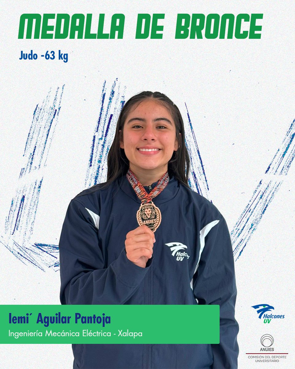 DeporteUV's tweet photo. 🥉¡Medalla de Bronce para Iemi’ Aguilar Pantoja!
Su disciplina, agilidad y estrategia, guiaron a nuestra halcona de judo, obteniendo el tercer lugar en la división -63kg. 🥋

¡Felicidades, eres nuestro #OrgulloUV! 🦅

#judo #halconesuv #cnanuies2026 #conade https://t.co/Y9YiKVS0YO
