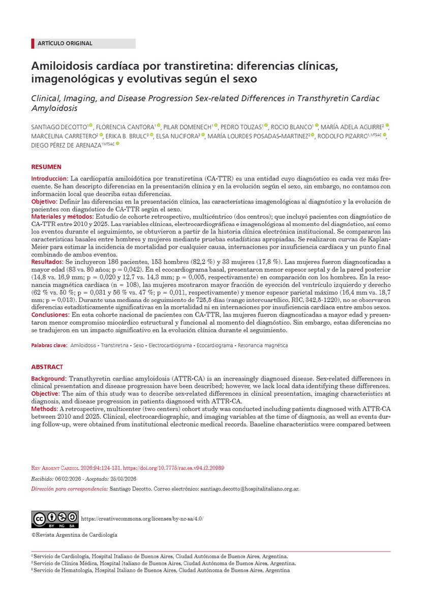 imedCV's tweet photo. Felicitamos al Servicio de Cardiología Adultos por la publicación reciente de nuevos artículos en la Revista Argentina de Cardiología

📝 ”Amiloidosis cardíaca por transtiretina: diferencias clínicas, imagenológicas y evolutivas según el sexo”
Leelo acá 👉https://t.co/d4wwxNudVU https://t.co/Tu4W4MtyKp