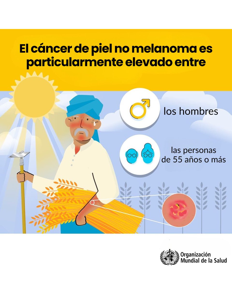 ONU_es's tweet photo. ☀️ 1,6 mil millones de personas están expuestas a radiación solar peligrosa al trabajar al aire libre, lo que aumenta el riesgo de cáncer de piel.

🌴 Busca sombra
👒 Usa sombrero
🧴 Ponte protector solar
🩺 Hazte chequeos periódicos

Vía @WHO https://t.co/IvKCMgptAZ