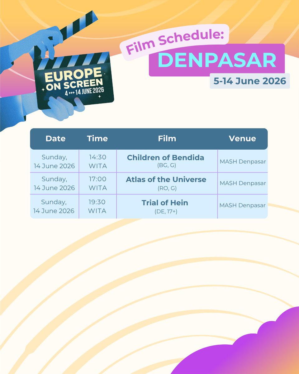 EuropeonScreen's tweet photo. #EoS26 in DENPASAR π¬π·#EuropeOnScreen on 5-14 June 2026 at AF Bali, Bali Film School and @MashDenpasar
See you at the festival!!! #FilmFestival #FilmScreening #PemutaranFilm #InfoEvent #InfoScreening
@uni_eropa https://t.co/tbdFsO8jZh
