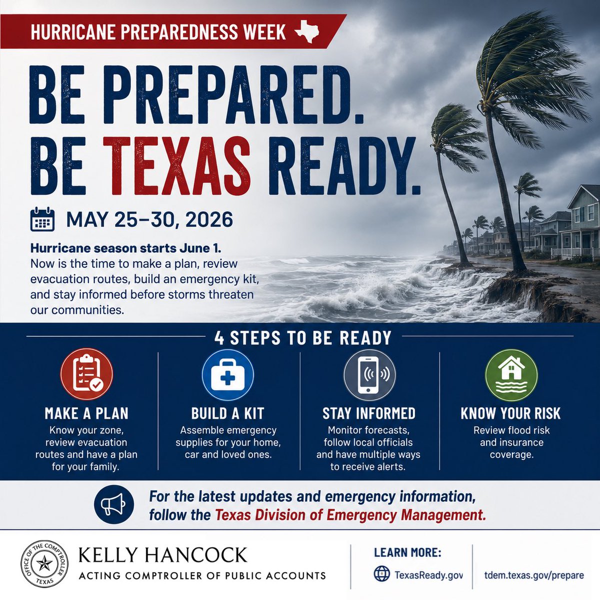 txcomptroller's tweet photo. Hurricane season starts June 1. 🌪️ 

Make a plan, build an emergency kit, review evacuation routes, and stay informed before storms threaten Texas communities.

Follow the @TDEM for updates.

https://t.co/v30KzdgVoK
#TexasReady #TDEM https://t.co/g2sAfJUtbO