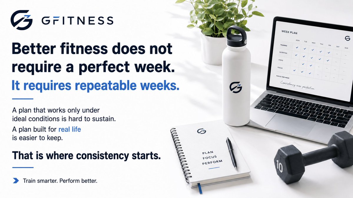 GFITNESS_Coach's tweet photo. Better fitness does not require a perfect week.  🏃🏋️‍♀️

It requires repeatable weeks. 🔁 

A plan that works only under ideal conditions is hard to sustain.  🗓️

A plan built for real life is easier to keep.  

That is where consistency starts. 🙏 https://t.co/wmQWo1kjMO