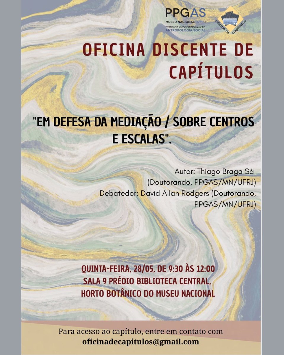 PpgasM's tweet photo. Oficina Discente de Capítulos
Nesta ocasião, será debatido um avanço da tese do doutorando Thiago Braga Sá, pelo colega David Allan Rodgers.
Quinta 28/05, 9h30.
Sala 9 do Prédio da Biblioteca Central.
Para ter acesso ao capítulo, entre em contato com oficinadecapitulos@gmail.com https://t.co/eXyrs3GmXb