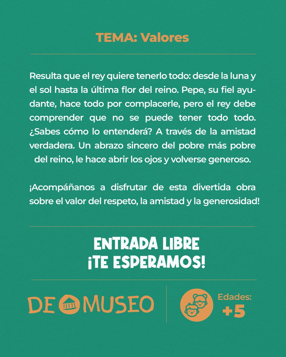 demuseo's tweet photo. Una historia llena de diversión, amistad y grandes enseñanzas llega a De Museo.

Disfruta de la función de títeres “El Rey de Casi Todo” junto La Molotera Titeres  y acompaña al rey en una aventura donde descubrirá que lo más valioso no es tenerlo todo, sino aprender a compartir y valorar a los demás. 

#FunciónDeTíteres #LaMoloteraTíteres #elreydecasitodo #actividadesinfantiles #Títeres