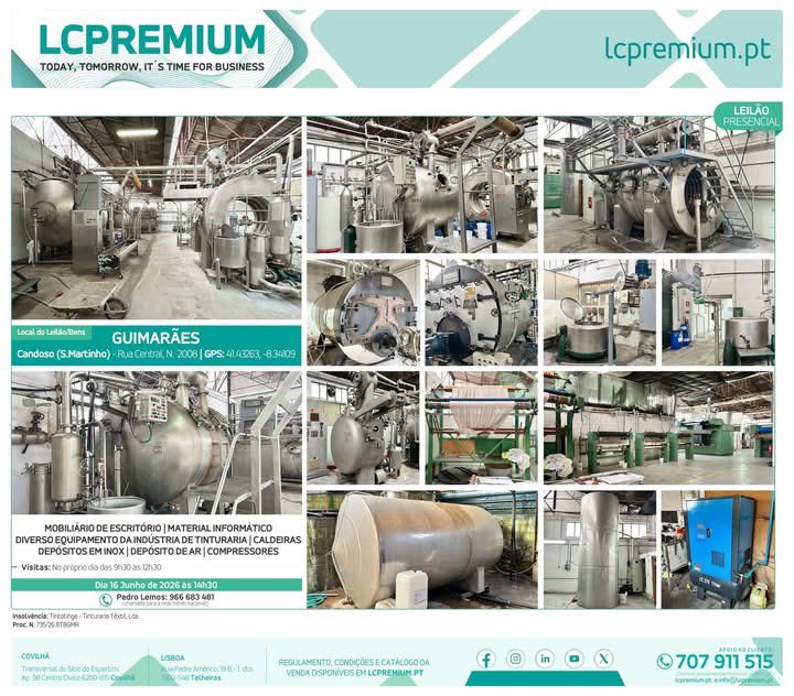 LCPremium1995's tweet photo. Leilão Presencial | Dia 16.06.2026 ÀS 14H30 

➜ Insolvência: Tintotinge ‑ Tinturaria Têxtil, Lda. | Proc. N. 735/26.8T8GMR

📍 Local do Leilão: Guimarães, Candoso (São Martinho) - Rua Central, N. 2008 | GPS: 41.432630, -8.341090 https://t.co/5q8wbeXdN5