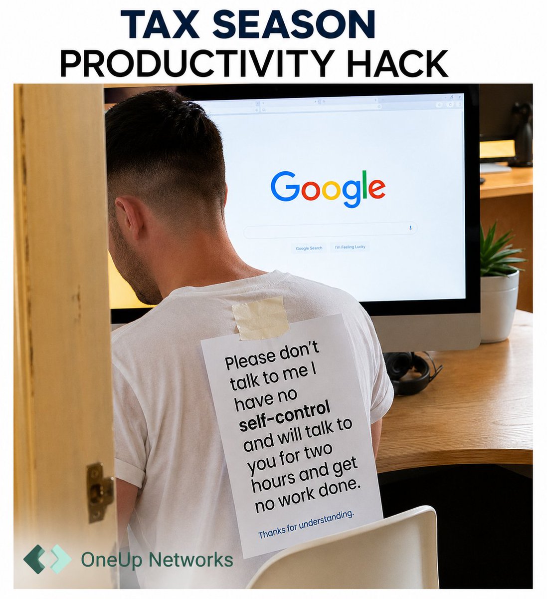 _OneUpNetworks's tweet photo. Tax season productivity rule #1:

If an accountant says
“I’ll just take 5 minutes to explain something...”
your entire afternoon is gone. 😅
Accounting firms know the struggle.

#CPA #AccountingLife #TaxSeason #AccountingHumor #OneUpNetworks https://t.co/86QuA41TX8