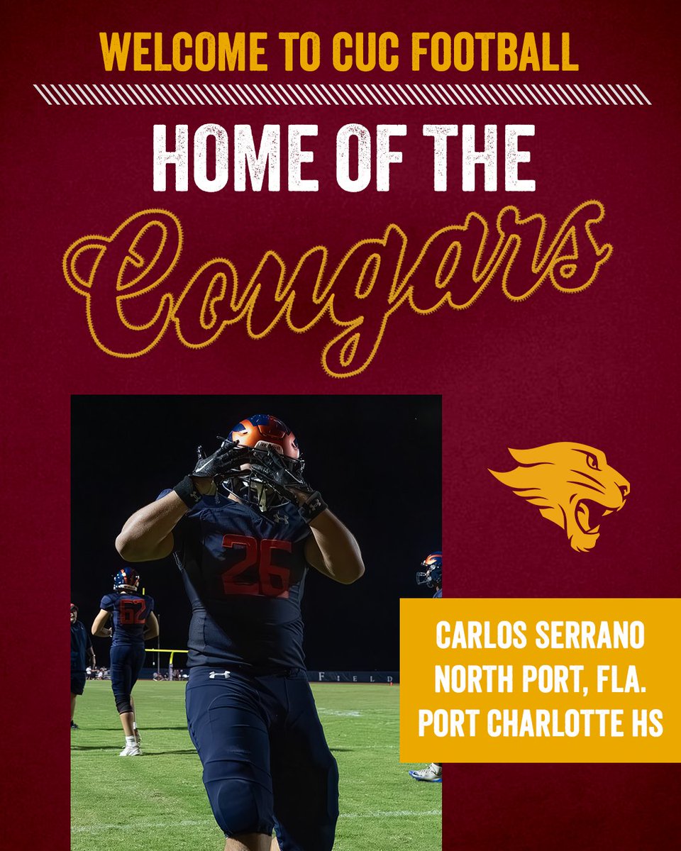 CUCFBFamily's tweet photo. Time to meet another new family member for the 2026 season ⬇️     

Meet our running back from North Port, Florida.      

Welcome to the CUC Family, Carlos Serrano!! https://t.co/RelRVUoDpp