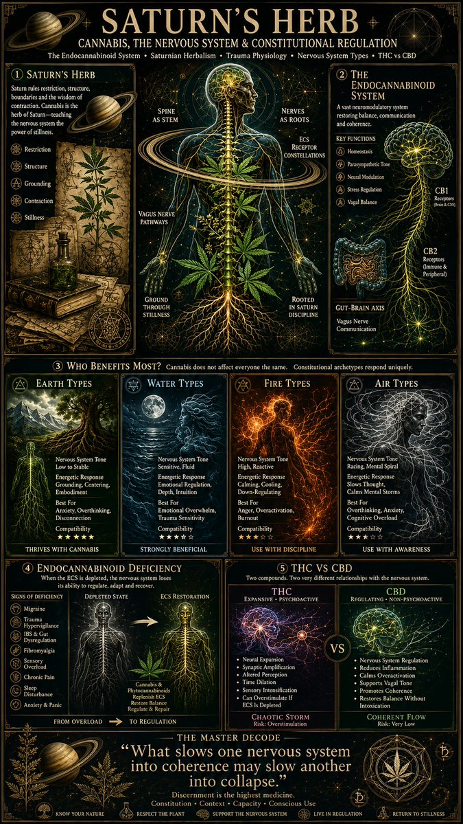 Sam33_3's tweet photo. Cannabis was never understood correctly through modern culture alone.

The ancients classified it as Saturn’s herb:
a plant of stillness, contraction, nervous system slowing, and deep regulation.

For some nervous systems, it quiets hypervigilance and restores coherence.

For others, it amplifies fragmentation, paranoia, and dissociation.

The difference is constitutional.

This is not just about getting high.
It is about:
• the endocannabinoid system
• trauma physiology
• vagal regulation
• nervous system tone
• energetic compatibility

What slows one system into healing may slow another into collapse.

Saturn always asks the same question:

Can you use medicine consciously - or will the medicine begin using you?