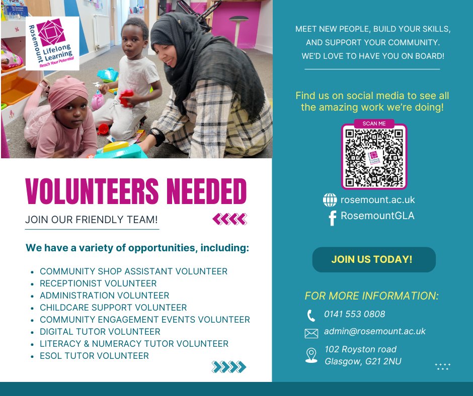 RosemountGLA's tweet photo. 📢VOLUNTEERS NEEDED! 

Volunteering Opportunities at Rosemount Lifelong Learning:

Community Shop Assistant
Receptionist
Administration
Childcare Support
Community Engagement Events
Digital Tutor
Literacy &amp; Numeracy Tutor
ESOL Tutor

We’d love to have you on board!💙🩷 https://t.co/Ovb8jhnOGi
