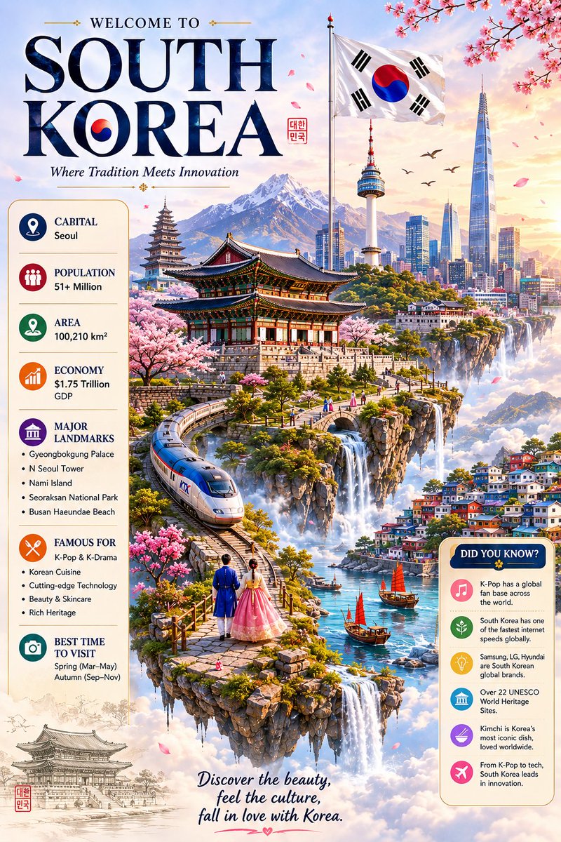 Ankit_patel211's tweet photo. GPT Image 2 

 Minimalist cinematic infographic poster of SOUTH KOREA, elegant floating island suspended in soft atmospheric clouds, luxurious editorial travel design, bright ivory and soft sky-blue background with subtle Korean geometric patterns and delicate gold line textures, ultra-detailed miniature fantasy world.

Giant bold typography “SOUTH KOREA” in elegant deep navy and vibrant red brush-style lettering inspired by Korean calligraphy, premium tourism branding aesthetic.

Centerpiece: magical floating island featuring Gyeongbokgung Palace, N Seoul Tower, futuristic Seoul skyline with Lotte World Tower, traditional hanok villages, cherry blossom trees with drifting sakura petals, Korean temples, curved stone bridges, turquoise rivers, waterfalls flowing from floating cliffs into clouds below.

Scenic cinematic environment with snow-covered mountains in the distance, glowing sunrise atmosphere, soft volumetric clouds, birds flying across sky, modern Korean city lights blending with ancient architecture, dreamy fantasy realism.

Foreground storytelling details: high-speed KTX train curving along cliffside railway, couple in traditional hanbok clothing overlooking scenery, Korean boats floating on calm water, scenic coastal villages, cinematic travel atmosphere.

Left-side minimalist infographic panel with elegant line icons and premium typography showing:
Capital: Seoul
Population: 51+ Million
Area: 100,210 km²
Economy: $1.75 Trillion GDP
Landmarks: Gyeongbokgung Palace, N Seoul Tower, Lotte World Tower, Jeju Island, Bukchon Hanok Village
Culture, K-pop, technology, cuisine, and travel information.

Right-side “Did You Know?” panel with rounded minimalist card layout and subtle gold accents containing facts about K-pop, K-dramas, Korean skincare, internet technology, UNESCO heritage, and Korean cuisine.

Color palette: ivory white, soft sky blue, sakura pink, deep navy blue, vibrant Korean red, gold accents, natural green.

Style: ultra-clean minimalist fantasy infographic, cinematic matte painting, Unreal Engine 5 quality, photorealistic textures, premium tourism branding, luxury travel poster, atmospheric perspective, soft global illumination, elegant negative space, editorial magazine aesthetic, dreamy Korean fantasy realism, high-end infographic design, 8K ultra detailed, vertical poster layout.

Avoid: dark heavy backgrounds, cluttered layouts, cyberpunk neon overload, harsh shadows, chaotic composition, excessive saturation, overcrowded typography.