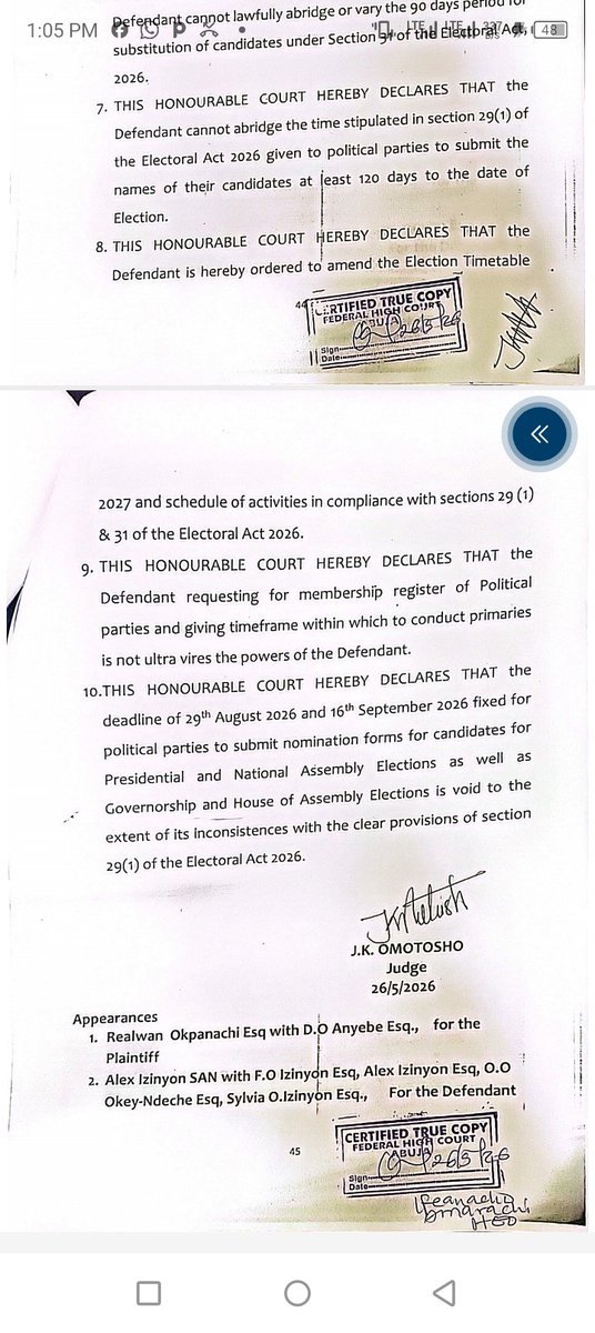 oaaigbe's tweet photo. #NigeriaDecides2027: 
@SDPhq VS. @inecnigeria

Justice James Omotosho’s ruling today basically says:
INEC can set and adjust the election timetable for 2027, but only if it remains within the timeframes already set by the Electoral Act 2026. It’s a mid-round judgment that came after another judge voided parts of the same timetable.

Here’s what it means:

1. What Omotosho actually ruled:
- INEC is constitutionally empowered to issue election timetables and even alter them when necessary.
- The timetable covers a “chain of electoral events” like submission of membership registers, conduct of primaries, and nomination of candidates.
- But INEC must comply with the Electoral Act 2026. It can’t use its timetable to shorten or change deadlines that the law already guarantees.

The case was filed by the Social Democratic Party (SDP) challenging INEC's powers to fix the deadlines for party primaries and candidate submissions.

Omotosho said SDP’s claims “succeed in part”. 

2. How this differs from Justice Umar’s ruling.

There are now 2 conflicting Federal High Court judgments:

Justice M.G. Umar’s ruling (May 20, 2026):
- Held that INEC lacks legal authority to fix timelines for party primaries.
- Said INEC cannot abridge the statutory periods: 120 days for candidate submission, 90 days for substitution, 60 days for the final list.
- Nullified portions of INEC’s Revised Timetable for 2027 that were inconsistent with the Electoral Act 2026.

Justice Omotosho’s ruling:
- Says INEC’s timetable is lawful and affirms INEC’s authority to set timelines. 
- But adds the caveat that those timelines must comply with the Electoral Act 2026.

So we now have “one saying INEC’s timetable is unlawful, the other saying it is lawful”. 

3. Practical impact on 2027 elections:
1. INEC keeps timetable power: Omotosho’s judgment “strengthens INEC’s position as the central regulator of Nigeria’s electoral calendar”. 
2. But with limits: INEC can’t cut the statutory windows parties have under the Electoral Act. For example, parties must get the full 120 days before election to submit candidate particulars.
3. Uncertainty for parties: Political parties planning primaries now face conflicting court orders. Umar’s ruling extended compliance to September 2026, while Omotosho validates INEC’s original dates if they’re within the Act.
4. Moving to Appeal: INEC has now moved to Appeal Umar’s judgment. With two conflicting High Court decisions, this will surely need the Court of Appeal to resolve.

4. Key takeaway:
Omotosho didn’t give INEC a blank check. The judgment means: INEC can run the schedule, but the Electoral Act sets the boundaries. INEC can’t make up deadlines that shorten what the law gives parties for primaries, substitutions, or campaigns.

Think of it like this: 

INEC is the referee who can set the match calendar, but can’t change the rules of the game written in the Electoral Act.

#NigeriaElection2027 
@SituationRoomNg 
@CDDWestAfrica 
@WADEMOSnetwork 
@wipfng 
@cleenfoundation 
@ActionAidNG 
@AgianpeA