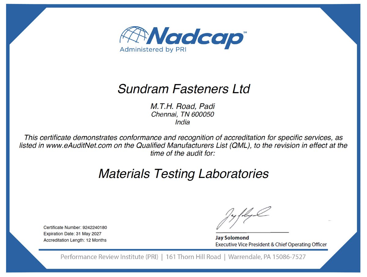 nucleusindia's tweet photo. Congratulations to Sundram Fasteners Ltd on achieving NADCAP Accreditation for MTL covering Mechanical, Metallography, Hardness &amp; Fastener Testing.

Proud that Nucleus Consultants supported this journey as the consulting &amp; training partner.

#NADCAP #MaterialsTesting #Aerospace https://t.co/KM5UUPJOCm