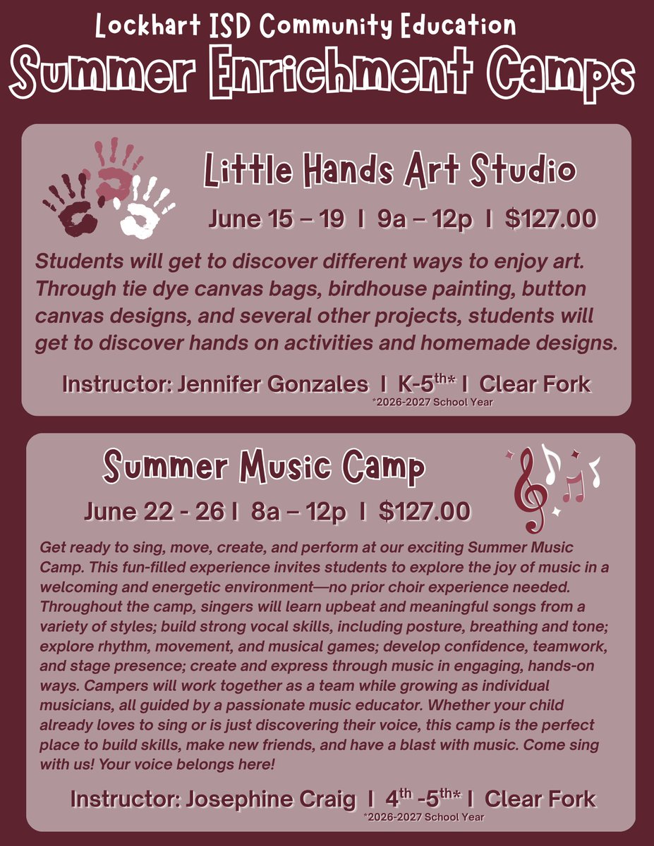LockhartISD's tweet photo. Ready to roar into summer with LISD Summer Enrichment Camps? 🦁☀️ Students can explore visual arts, music, and challenge-based learning experiences that build creativity, collaboration, and innovation skills. https://t.co/GqoMdhnGDe https://t.co/LnZLq4o8Sj