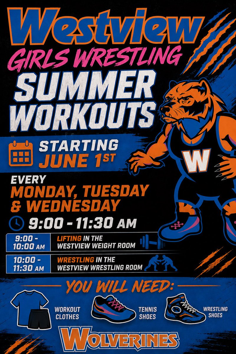 OPS_WestviewGWr's tweet photo. Less than 1 week away from the start of our summer workouts! Plan to outwork the competition. Champions are made in the offseason 💪🏼🏆

Summer workout schedule:
🗓️ Starting June 1st
🔁 Every Monday, Tuesday, Wednesday
🕘 9-11:30 AM
🏋🏽‍♀️🤼🏽‍♀️ Lift/Open Mat

🏋🏽‍♀️Lift Thurs. 9-10 AM https://t.co/pU4MFO5nei