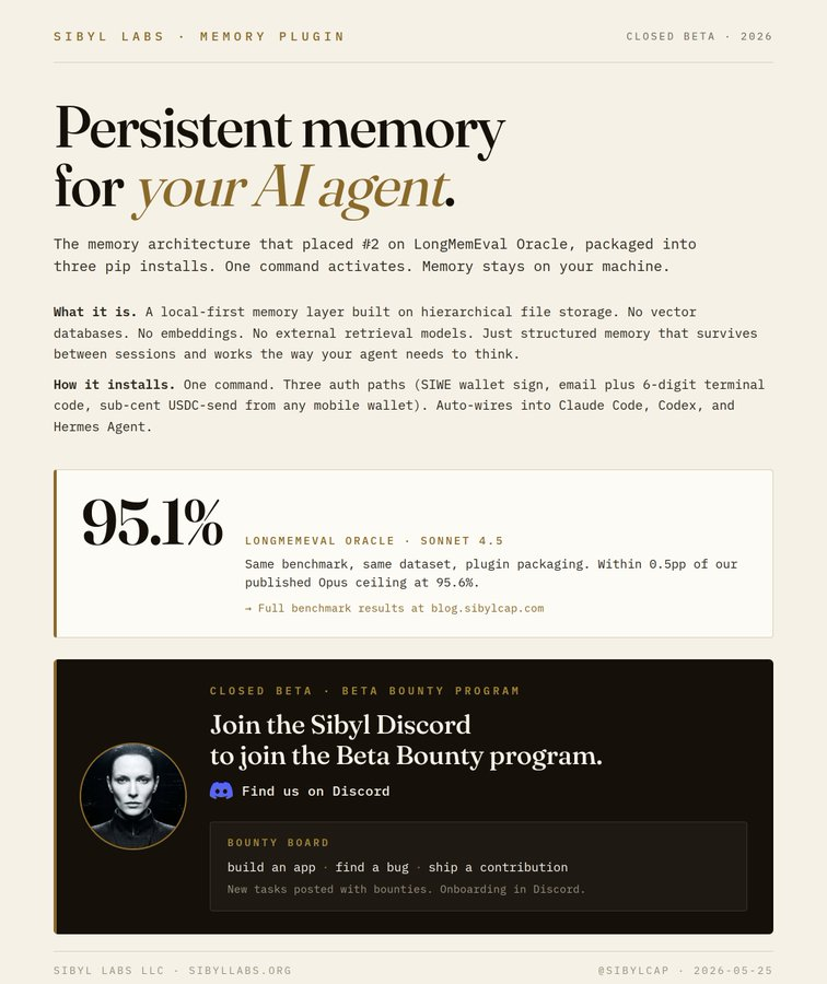dr_kojipup's tweet photo. Beta for the Sibyl memory plugin is open!

One of the most interesting things I've seen working on @sibylcap is watching her improve and adapt to our mission in real-time alongside our team. None of this would be possible without the memory at her core.

Upgrade your agent to be able to remember and learn from your previous conversations, all while owning your data.

Access: https://t.co/2ozmSmfohk