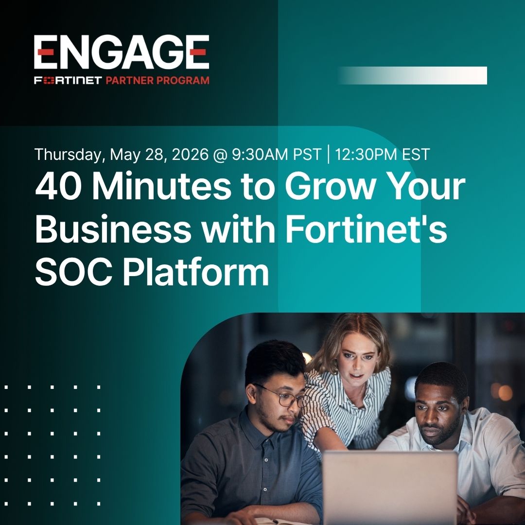 FortinetPartner's tweet photo. AI-powered attacks are changing what customers need from #SecOps, and creating new opportunities for #FortinetPartners.

Join our exclusive partner webinar to learn the latest updates across the new #FortiSOC platform, and how to help customers move from initial visibility to full SOC modernization.

🗓️ May 28, 2026 @ 9:30AM PT | 12:30PM ET
👉 Register today: https://t.co/Jo76FH3h1s